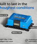 MPPT Solar Charge Controller 100V 50A for 12 and 24 Volt systems, blue unit with dimensions and robust design for off-grid solar