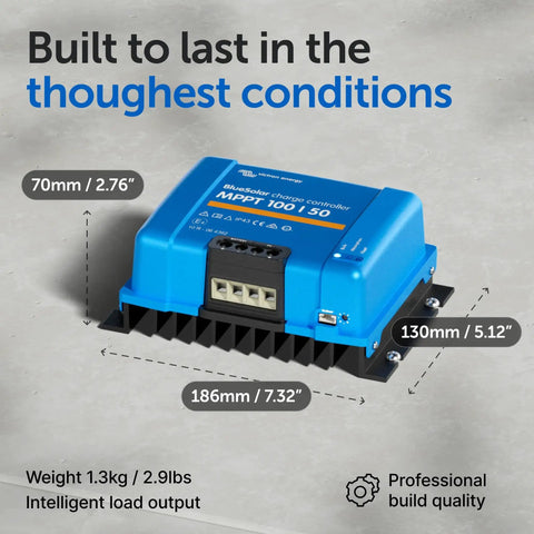 MPPT Solar Charge Controller 100V 50A for 12 and 24 Volt systems, blue unit with dimensions and robust design for off-grid solar