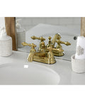 Restoration Four Inch Centerset Bathroom Faucet In Brushed Brass With Solid Brass Construction Drip Free Ceramic Disc Deck Mount