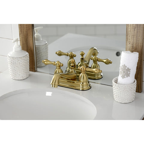 Restoration Four Inch Centerset Bathroom Faucet In Brushed Brass With Solid Brass Construction Drip Free Ceramic Disc Deck Mount