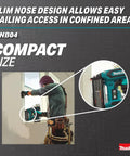 Worker using 2 Inch 18 Gauge Cordless Brad Nailer Brushless 18V LXT Tool Only Ultra Fast Nailing Drives Sub Flush In Hardwood