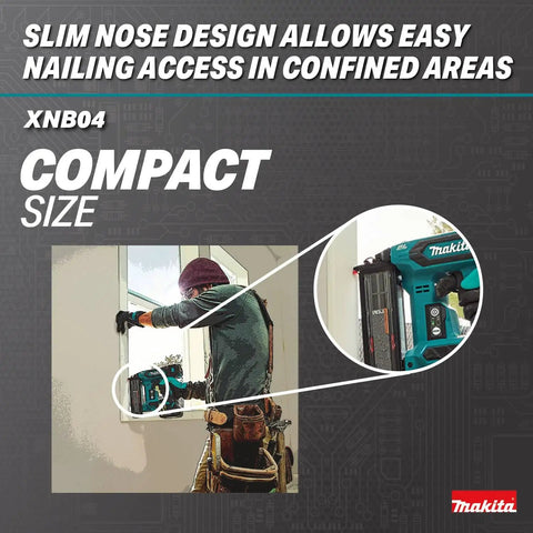 Worker using 2 Inch 18 Gauge Cordless Brad Nailer Brushless 18V LXT Tool Only Ultra Fast Nailing Drives Sub Flush In Hardwood