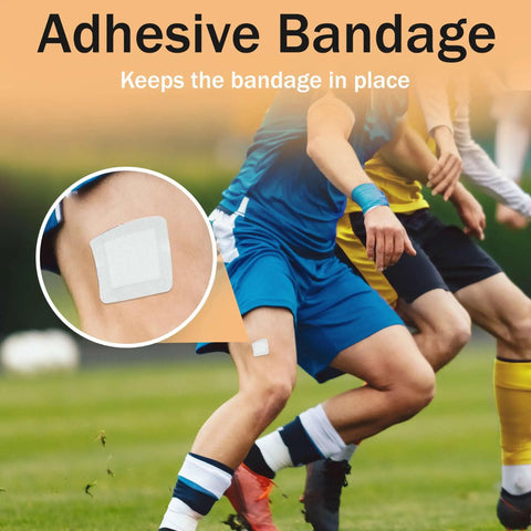 Athlete wearing bordered 2x2 sterile adhesive gauze pad for wound protection during soccer game, focus on leg application