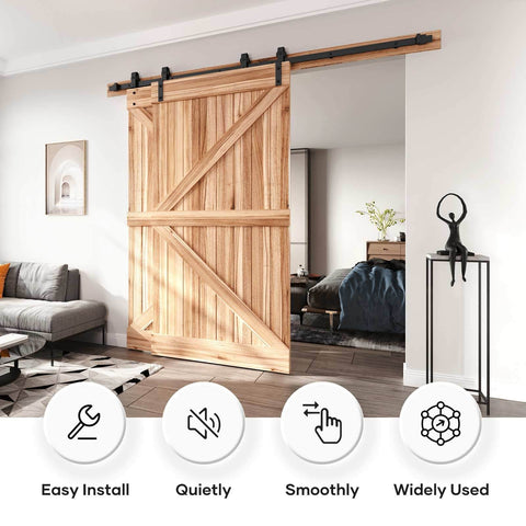 Heavy Duty 8 Ft Bypass Double Sliding Barn Door Hardware Kit With Single Track For 53 Inch Wide Doors installed in living room