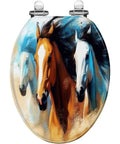 Elongated Decorative Toilet Seat for Bathroom featuring three colorful horses in artistic design.