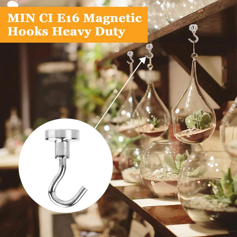 30 Pcs Super Strong Magnetic Hooks 25 Lbs Heavy Duty Magnetic Hooks For Hanging Rare Earth Neodymium Magnets Ideal For Cruise Ship Camping Kitchen Fridge Garage Wall Mounting Great For Kitchens Racks Garages Boats Campers And More displayed in use on a shelf holding glass terrariums