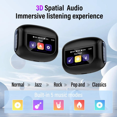 Bluetooth 5.4 Earbuds With Active Noise Canceling And ENC For Quiet Commutes, 5 EQ Modes, showing music mode options.