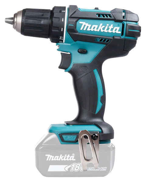Badass Compact 18V Cordless Driver Drill Body Only Equipped With Heavy Duty Metal Gears And Twenty Two Clutch Settings Providing Knockout Torque For Serious Job Site Grind side view with black handle and silver chuck.