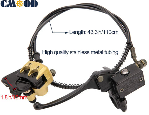 Street Ready Front Disc Brake Master Cylinder Caliper Assembly For 50cc To 125cc Chinese ATV Dirt Bike Pit Bike Front Brake Kit Fits SSR Roketa Lifan Coolster Baja Sunl Apollo Atomik Jetmomo And More, shown with stainless steel tubing and black brake lever.