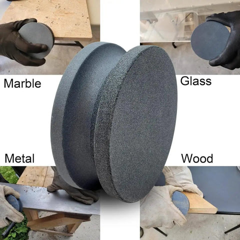 4 Inch Dual Grit Pro Grade Axe And Hatchet Sharpener Silicon Carbide Stone shown on marble, glass, metal, and wood surfaces.
