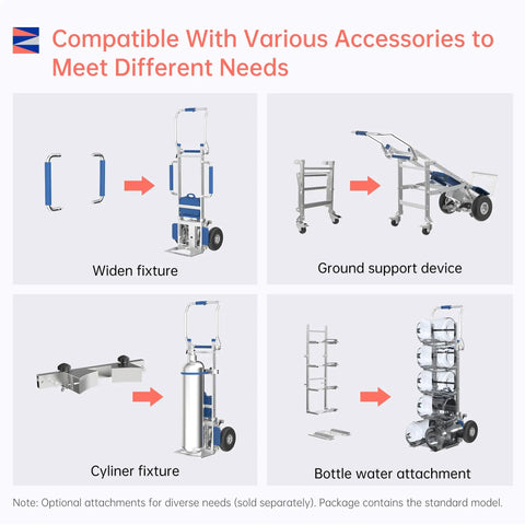 Heavy Duty 550 Lbs Electric Stair Climbing Hand Truck Dolly W Auto Edge Brakes & Ground Support ZW7250GC Bundle with various accessory fixtures.