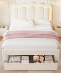 Full Size Beige Velvet Platform Bed Frame With Soft Led Lighting And Dual Gliding Storage Drawers Plus Adjustable Wavy Headboard Built In Charging Ports And Sturdy Wood Slats For Legit Comfy Sleep Zero Box Spring Hassle, showing soft LED lighting and open storage drawers.