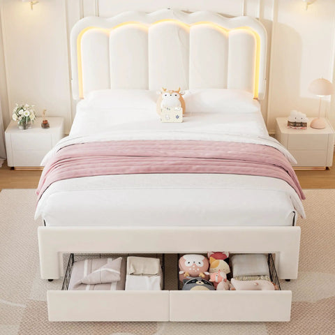 Full Size Beige Velvet Platform Bed Frame With Soft Led Lighting And Dual Gliding Storage Drawers Plus Adjustable Wavy Headboard Built In Charging Ports And Sturdy Wood Slats For Legit Comfy Sleep Zero Box Spring Hassle, showing soft LED lighting and open storage drawers.