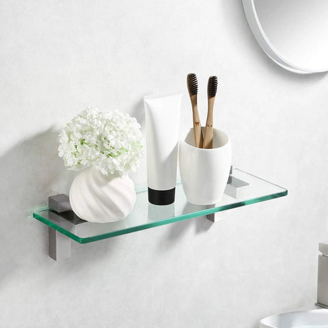 14 Inch Tempered Glass Bathroom Shelf With Wall Mount Brushed Nickel Brackets 8mm thick supporting toiletries and decor