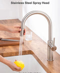 High Arc Kitchen Faucet With Pull Down Sprayer and Magnetic Docking Brushed Nickel Finish over sink with sprayer and hand
