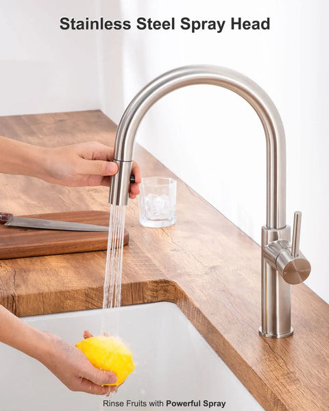 High Arc Kitchen Faucet With Pull Down Sprayer and Magnetic Docking Brushed Nickel Finish over sink with sprayer and hand