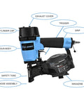 Diagram of 15 Degree Roofing Nailer With Low Recoil For Three Quarter To One And Three Quarter Inch Coil Nails, showing parts labeled.