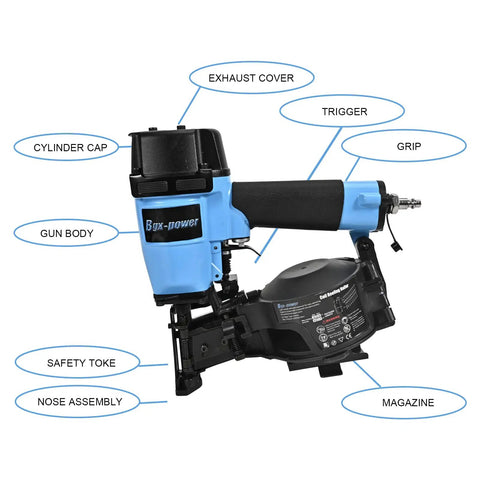 Diagram of 15 Degree Roofing Nailer With Low Recoil For Three Quarter To One And Three Quarter Inch Coil Nails, showing parts labeled.