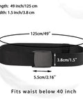 6 Pack Nylon Belts For Men And Women With Plastic Buckles, adjustable black belt with dimensions shown, rust proof design