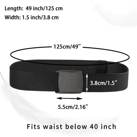 6 Pack Nylon Belts For Men And Women With Plastic Buckles, adjustable black belt with dimensions shown, rust proof design