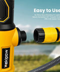 Close-up of yellow Brushless Cordless Stick Water Transfer Pump Go-To For 20V Max Battery Power 780 GPH Submersible Utility Pump.