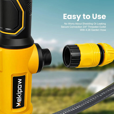 Close-up of yellow Brushless Cordless Stick Water Transfer Pump Go-To For 20V Max Battery Power 780 GPH Submersible Utility Pump.