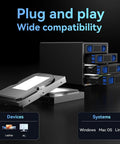 Super Solid Four Bay Hard Drive Enclosure With Built In Cooling Fan For 2.5 And 3.5 Inch SATA SSD or HDD, showing plug and play compatibility.