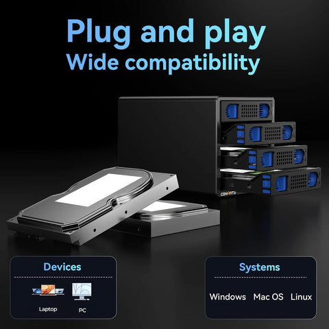 Super Solid Four Bay Hard Drive Enclosure With Built In Cooling Fan For 2.5 And 3.5 Inch SATA SSD or HDD, showing plug and play compatibility.