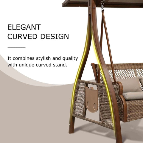 Patio Porch Swing Chair For Two With Canopy Handwoven Wicker Outdoor Glider With Solar LED Light Cushions, curved design detail