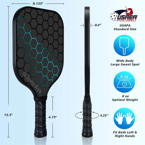All In One Pickleball Gear Kit paddle with fiberglass graphite material, side and front view, USAPA approved, 8.125-inch head.