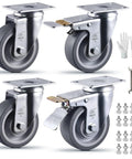 4-inch heavy-duty caster wheels set of 4 with brakes; grey TPR rubber, mounting plates, bolts, nuts, wrench, gloves; Amazon