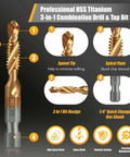 3-in-1 HSS titanium drill and tap bit set, 6-pack, gold-coated bits with 1/4 hex shank
