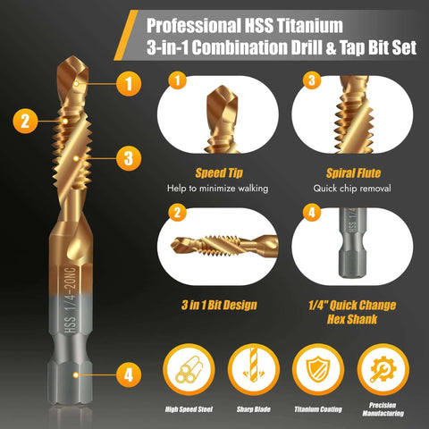 3-in-1 HSS titanium drill and tap bit set, 6-pack, gold-coated bits with 1/4 hex shank
