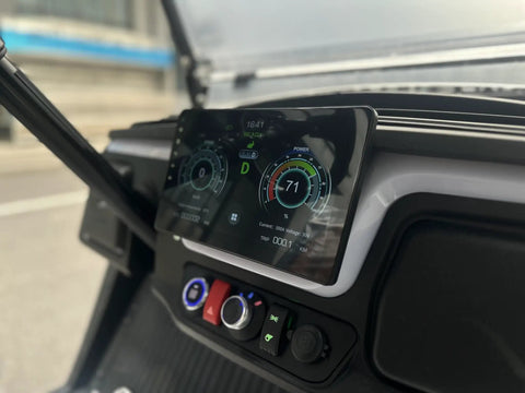 Dashboard display of 2026 Model 4 Plus 2 Seater Electric Golf Cart with battery and speed metrics.