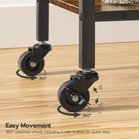 Close-up of 360° swivel wheels on the Slick 3 Tier Rolling Bar Cart With Ultra Smooth Swivel Wheels Rustic Brown Finish.