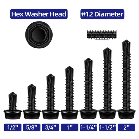 Heavy Duty Number Twelve By Three Quarter Hex Washer Head Self Tapping Screws Black Finished Stainless Steel Tek Self Drilling Sheet Metal Fasteners in various sizes