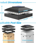 Dimensions of tough black solar post cap lights for 4x4 fence boards, ideal for outdoor deck use.
