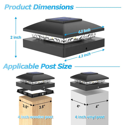 Dimensions of tough black solar post cap lights for 4x4 fence boards, ideal for outdoor deck use.