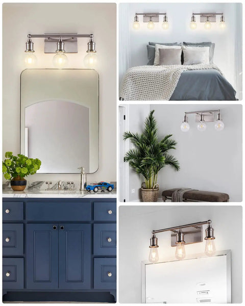 Three Light Brushed Nickel Bath Vanity Fixture Up Down Wall Sconce in modern bathroom and bedroom settings