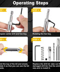 Step-by-step use of self-centering drill bit set, VIX bits, hex shank, quick change for woodworking hinges, includes hex key and drill bits.