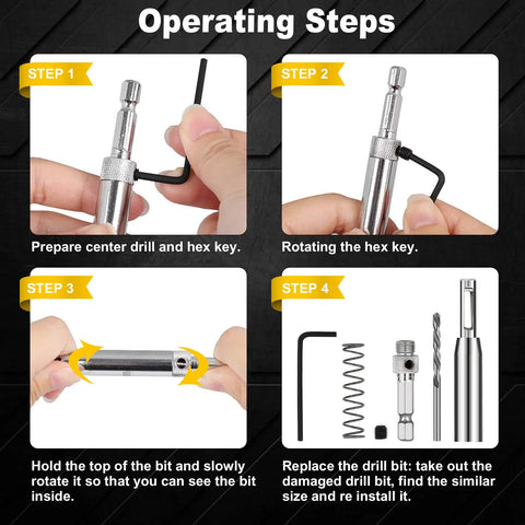 Step-by-step use of self-centering drill bit set, VIX bits, hex shank, quick change for woodworking hinges, includes hex key and drill bits.