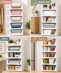Solid 5 Pack Stackable Plastic Closet Storage Baskets In Crisp White For Slick Home Organization That Maxes Out Vertical Space And Keeps Your Daily Essentials Fresh And Tidy displayed in four organized setups: clothing, bathroom, office, and pantry.