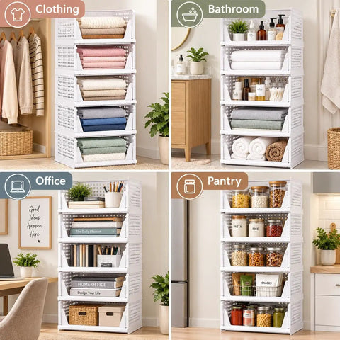 Solid 5 Pack Stackable Plastic Closet Storage Baskets In Crisp White For Slick Home Organization That Maxes Out Vertical Space And Keeps Your Daily Essentials Fresh And Tidy displayed in four organized setups: clothing, bathroom, office, and pantry.
