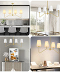4-Light Gold Linear Chandelier Over Kitchen Island And Dining Table, Modern Pendant Lighting With White Fabric Shades
