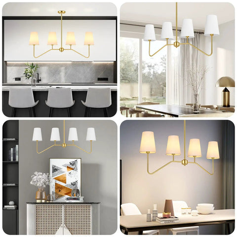 4-Light Gold Linear Chandelier Over Kitchen Island And Dining Table, Modern Pendant Lighting With White Fabric Shades