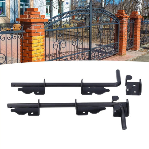 Heavy Duty 12 Inch Steel Gate Drop Rod Two Pack Black Powder Coated Ground Latch shown mounted with installation hardware.