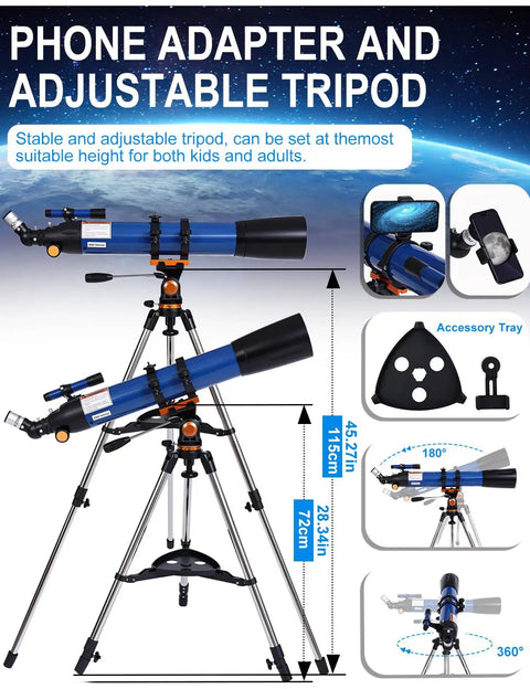High Powered 90mm Aperture 800mm Refractor Telescope with adjustable AZ mount tripod and phone adapter for stargazing