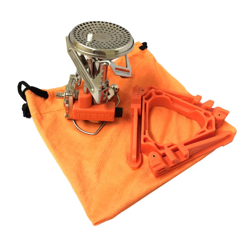 Ultralight Camping Stove That Boils Water In About 3 Minutes with orange pouch and stabilizer