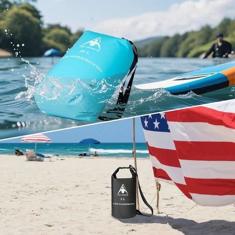 Dry Bag Waterproof Backpack Roll Top With Double Zipper Seal, 5L black bag on beach and 20L sky blue bag floating on water