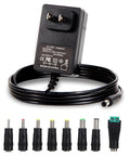 Universal 15V 1.5A Power Adapter With Interchangeable DC Plugs No Fuss 100-240V Input 50 60Hz 5.5x2.5mm Output Jack Center Positive Long 5.9 Ft Cable Great For Jump Starters Routers Laptops And More shown with cable and plug tips.